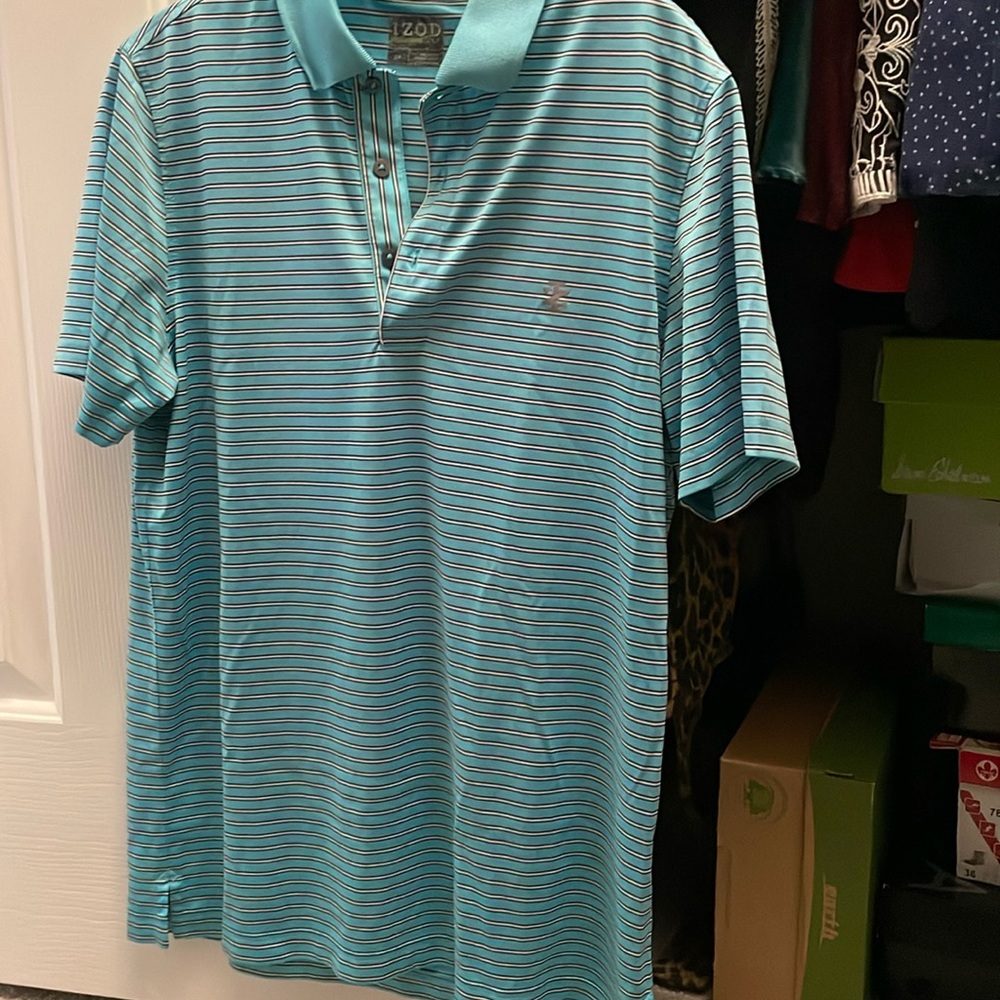 Izod. Golf shirt.  Aqua with black and white stripe.  Size small
